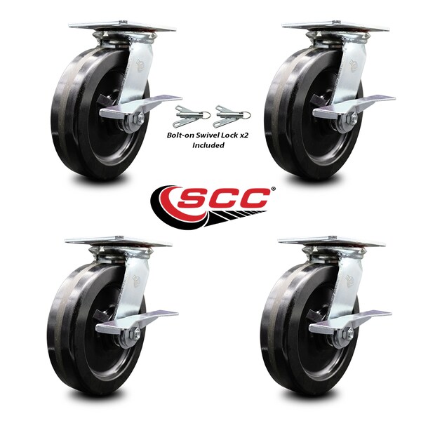 Service Caster 8 Inch Phenolic Caster Set with Ball Bearing 4 Brake and 2 Swivel Lock SCC SCC-35S820-PHB-SLB-BSL-2-SLB-2 - main